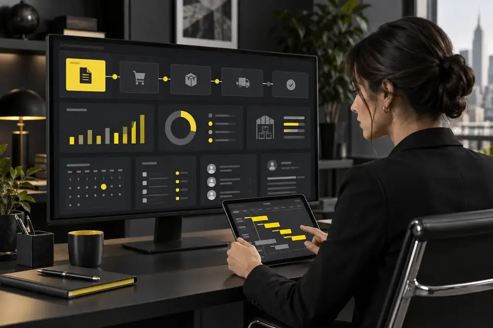 Business professional managing orders, stock and workflows in a digital system