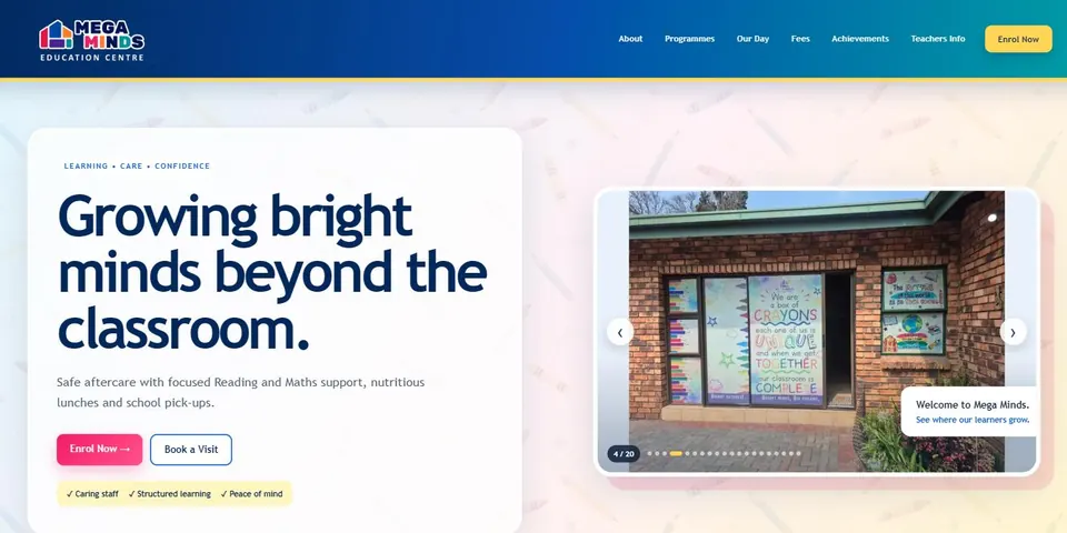 Homepage of the Mega Minds Education Centre website designed by Breathtaking Branding