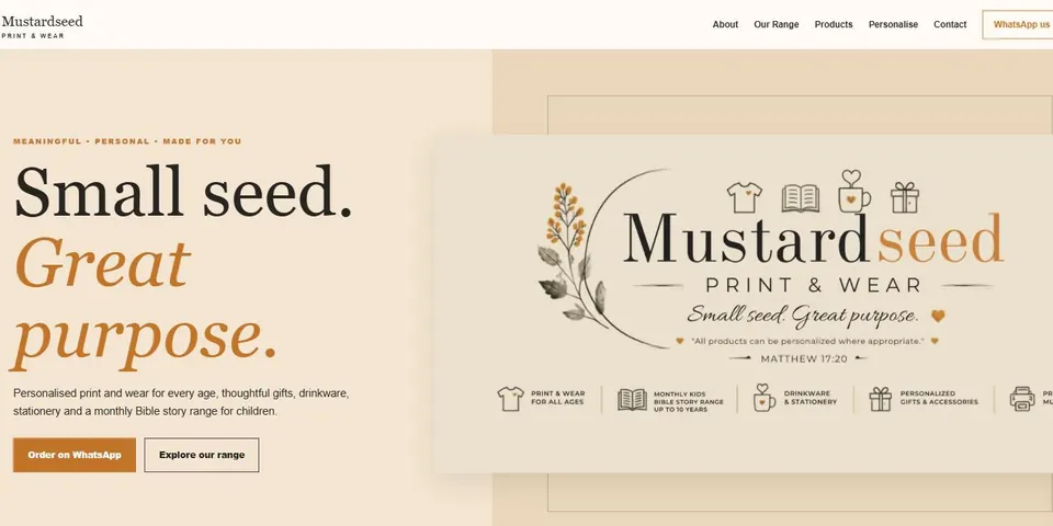 Homepage of the Mustard Seed Print and Wear website designed by Breathtaking Branding